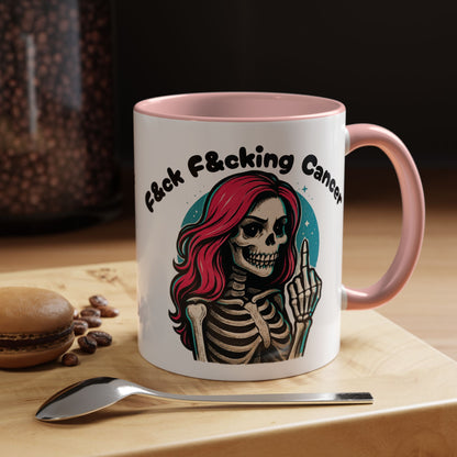 F*&ck Cancer Skeleton Mug — Pink-Haired Middle Finger Coffee Cup (11/15oz)