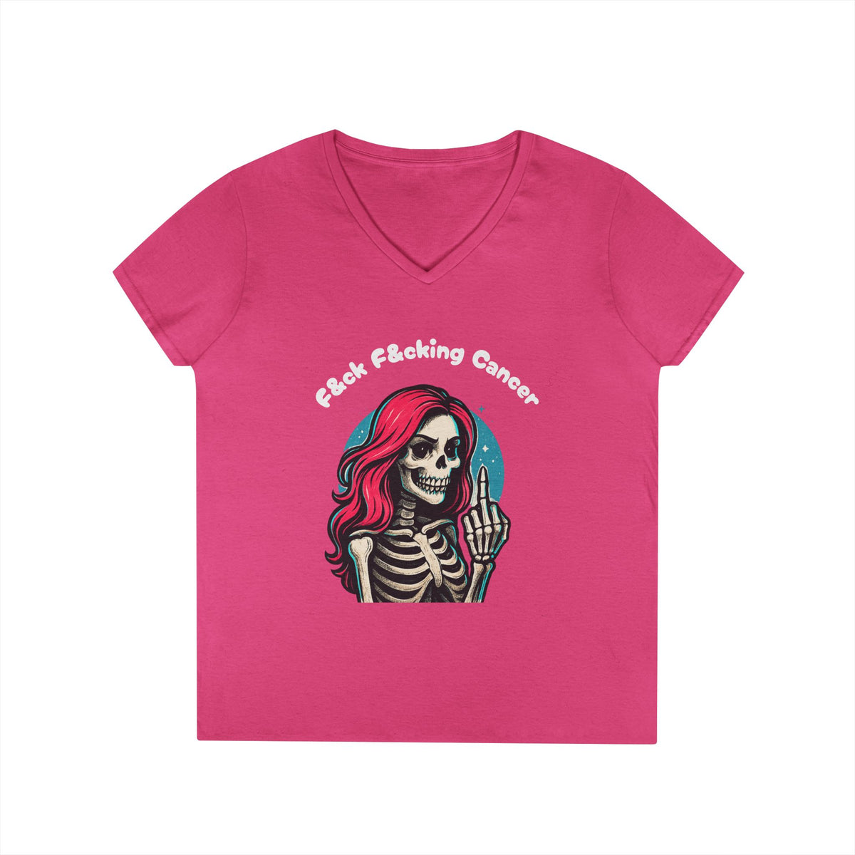 Fuck F*cking Cancer V-Neck Tee — Women’s Pink Skull Middle Finger Breast Cancer Awareness Shirt