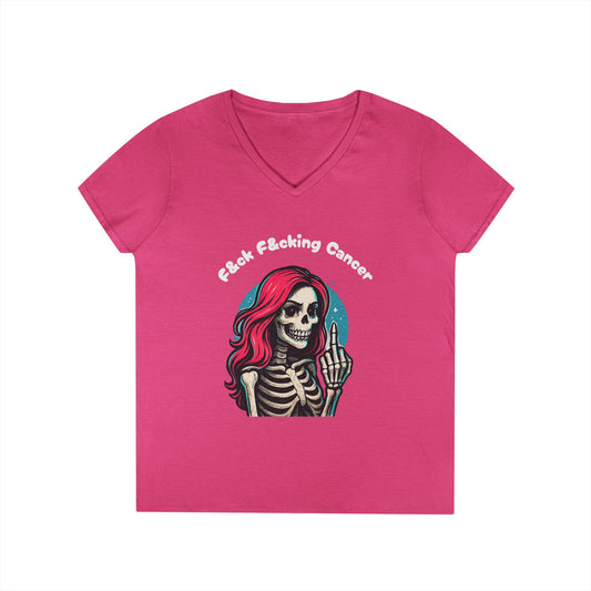 Fuck F*cking Cancer V-Neck Tee — Women’s Pink Skull Middle Finger Breast Cancer Awareness Shirt