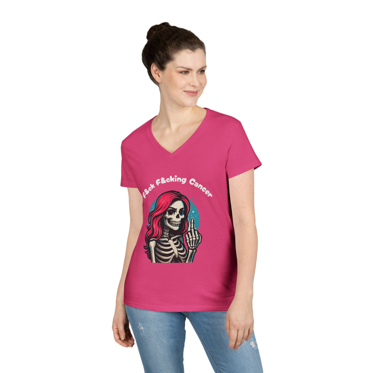 Fuck F*cking Cancer V-Neck Tee — Women’s Pink Skull Middle Finger Breast Cancer Awareness Shirt