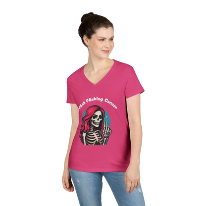 Fuck F*cking Cancer V-Neck Tee — Women’s Pink Skull Middle Finger Breast Cancer Awareness Shirt