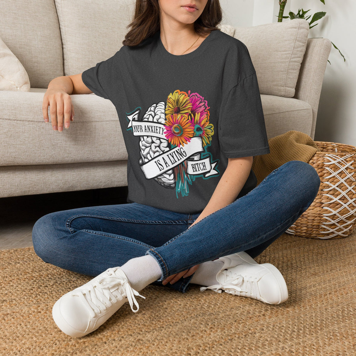 Anxiety Is A Lying Bitch T-Shirt — Floral Brain Mental Health Awareness Tee