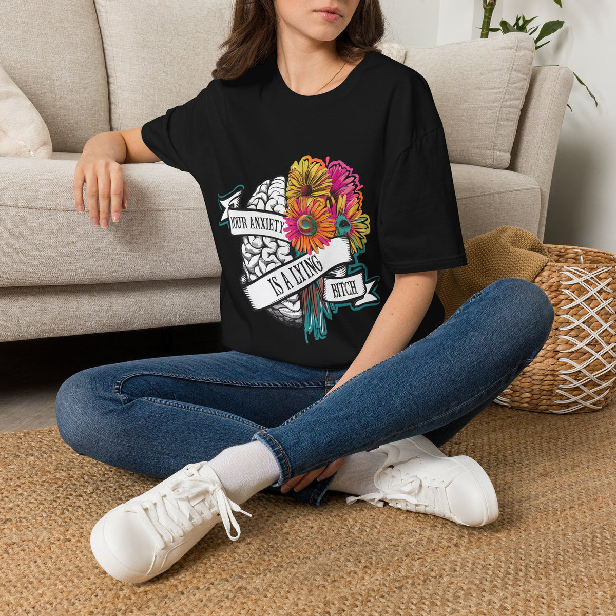 Anxiety Is A Lying Bitch T-Shirt — Floral Brain Mental Health Awareness Tee